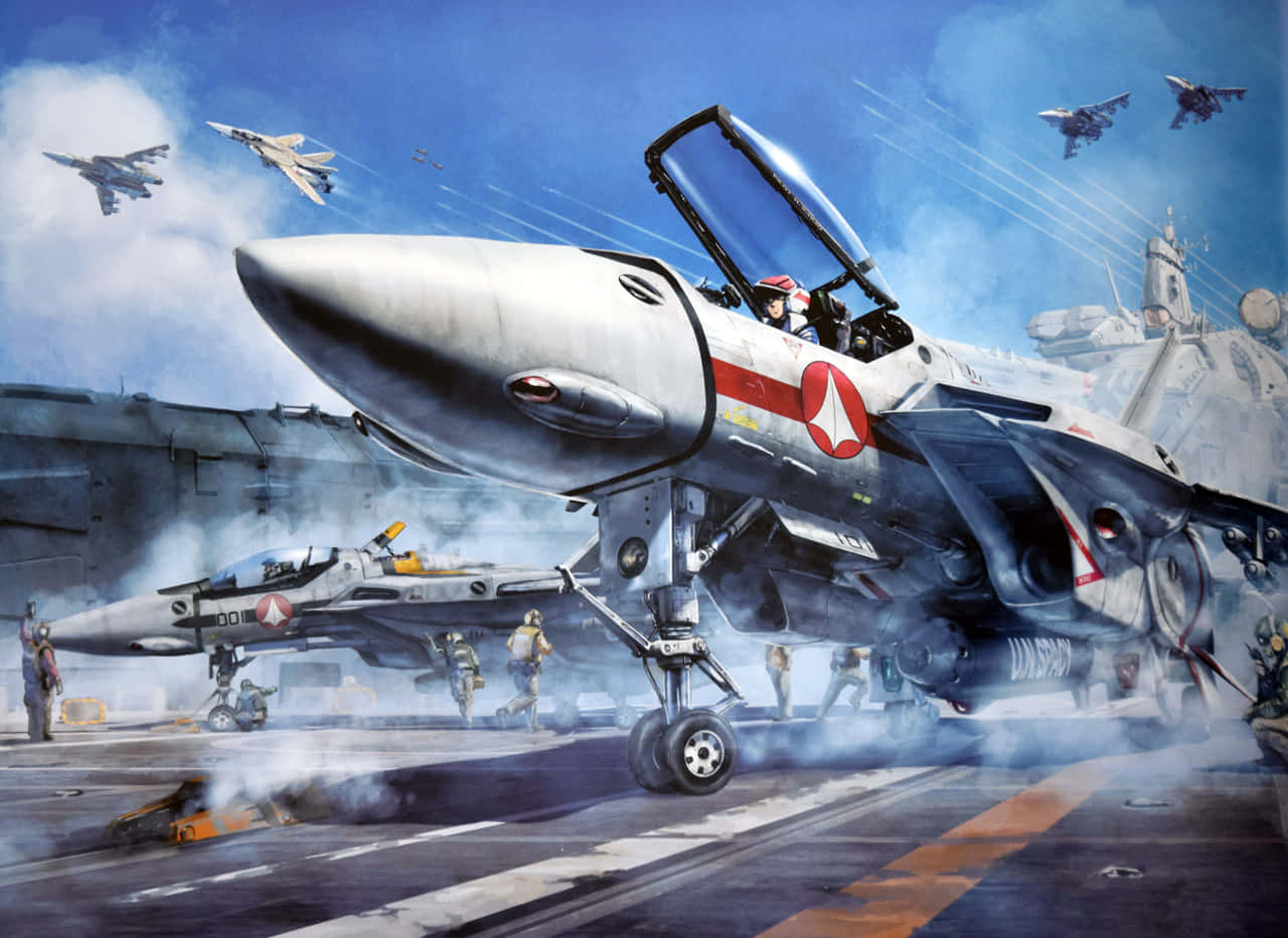航空母艦甲板上的戰鬥機，有機組人員和其他噴射機在天空。
