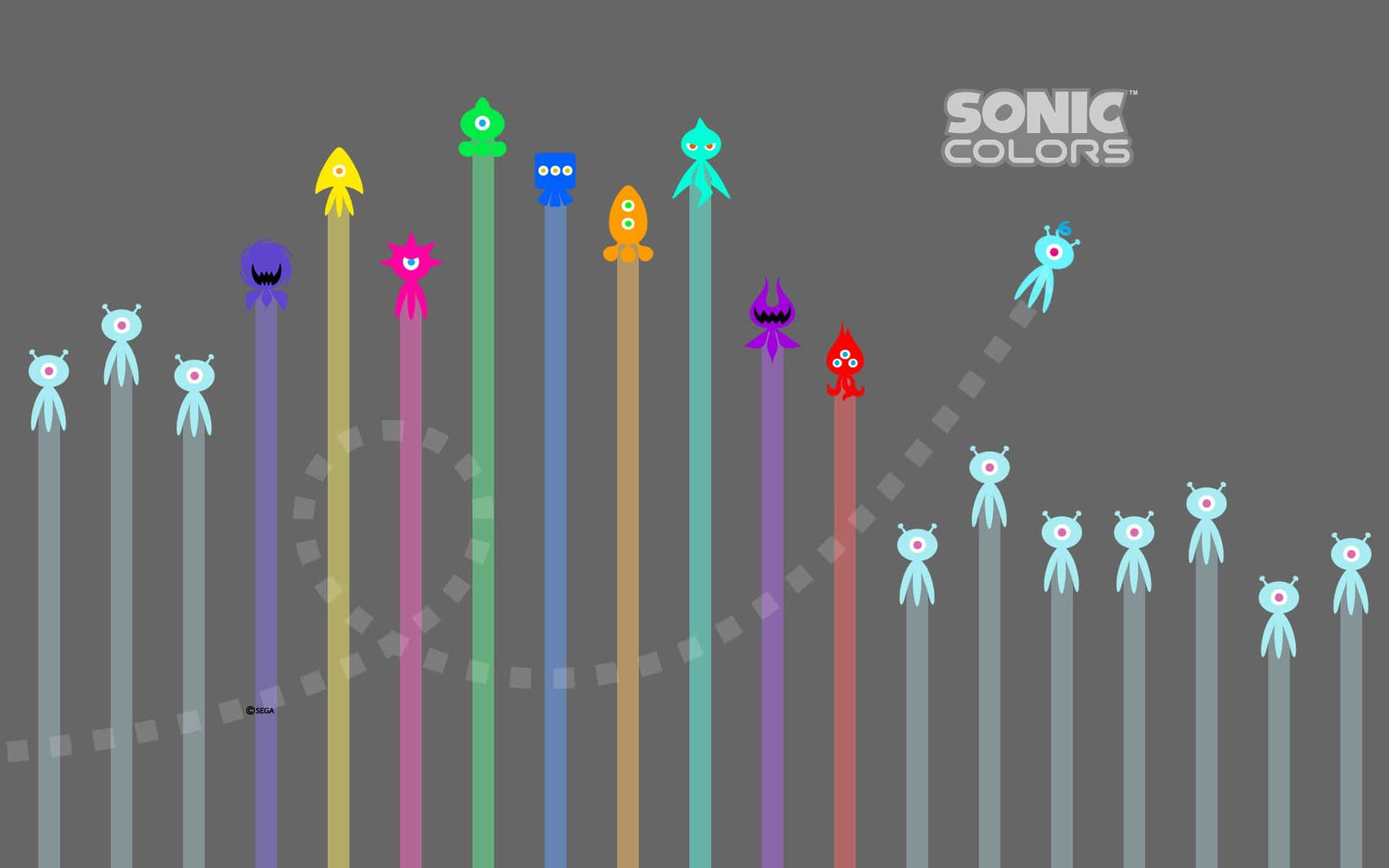 Sonic Colors遊戲場景，高桿上色彩繽紛的外星角色。