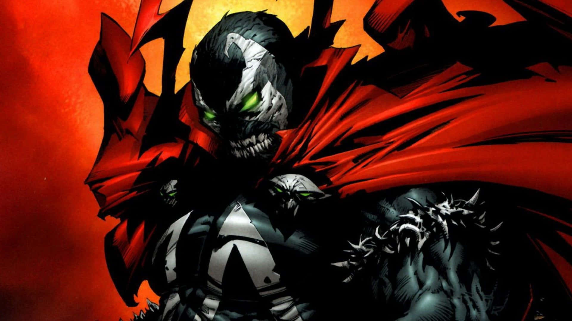 Venom 超級英雄，發光綠色眼睛和紅色斗篷，背景火熱