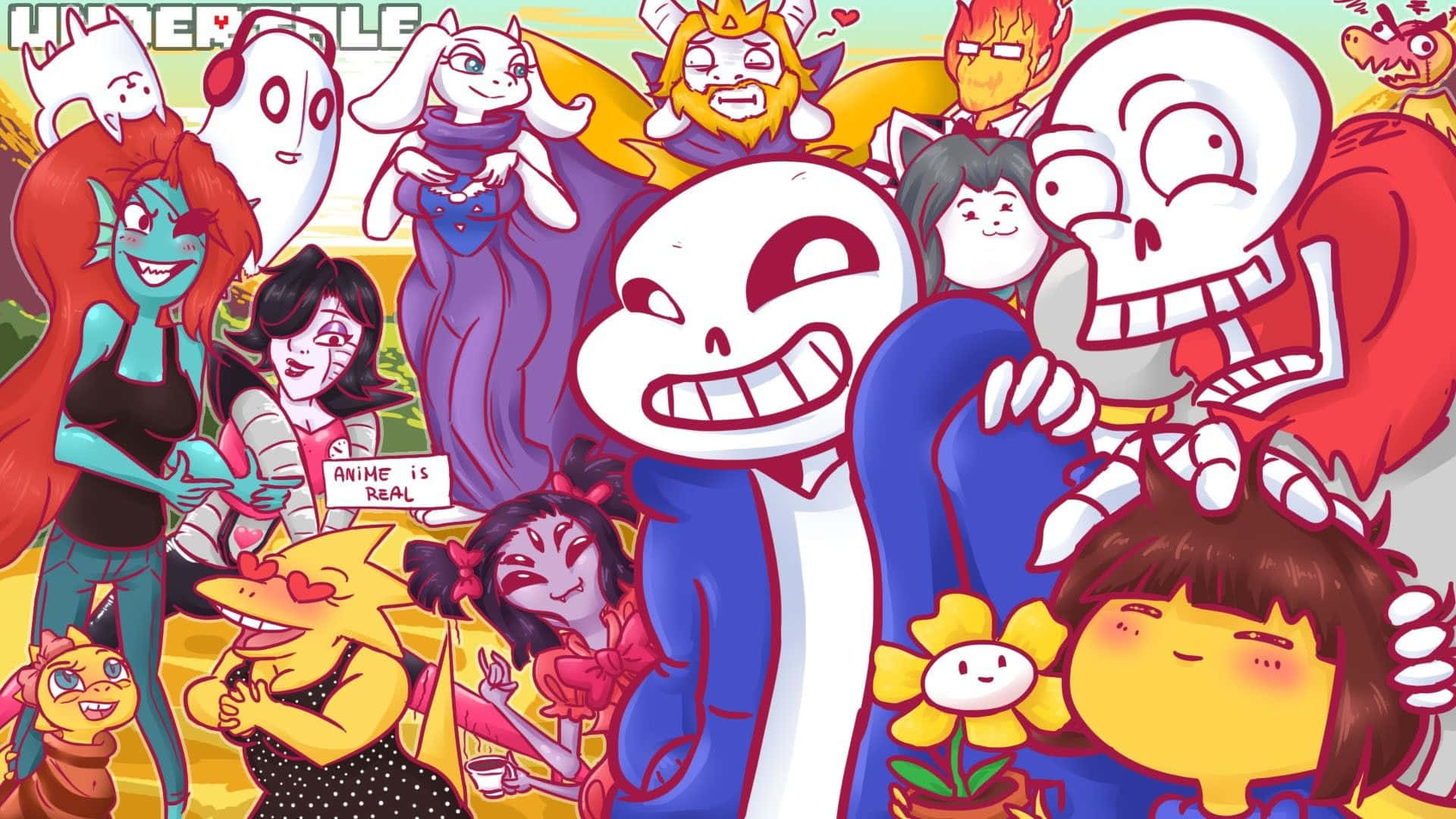 一群色彩繽紛的動漫角色，包括《Undertale》中的Sans和Papyrus，一起微笑。
