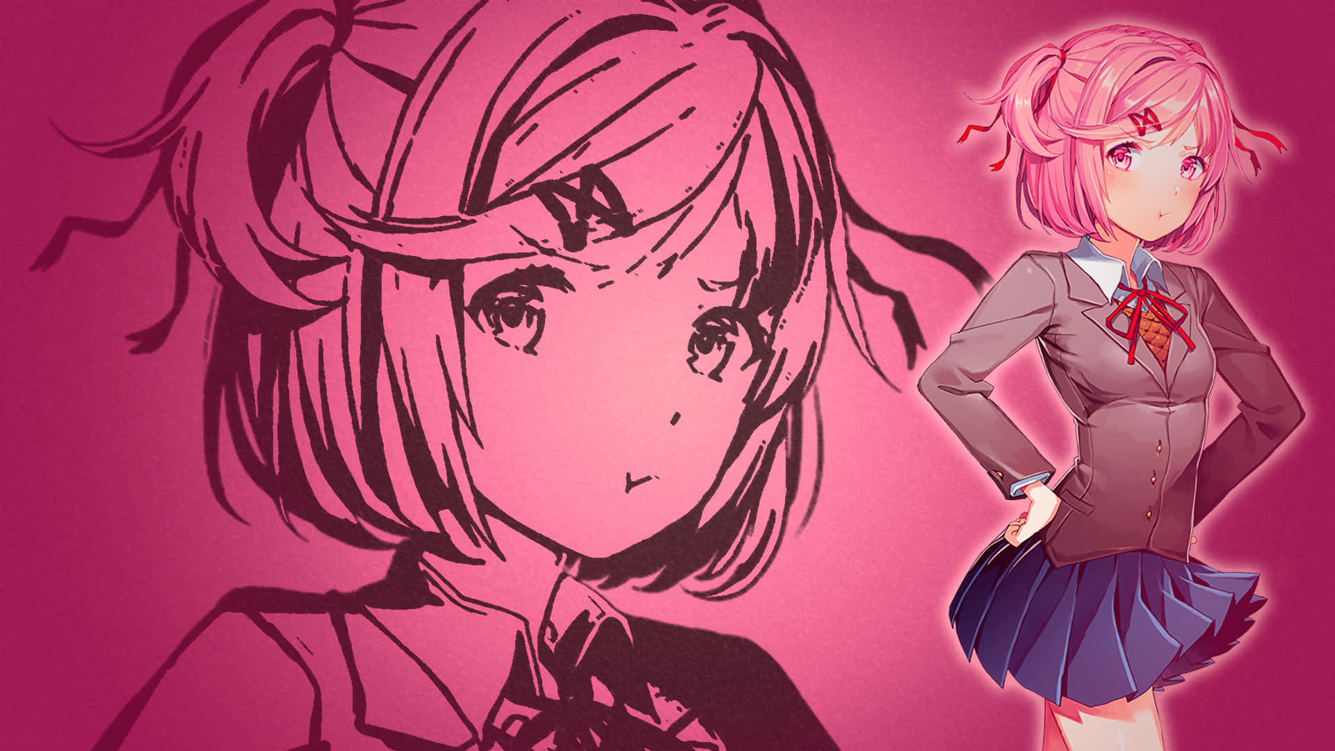 粉紅色頭髮的動漫女孩穿著校服在素描肖像旁邊擺姿勢。