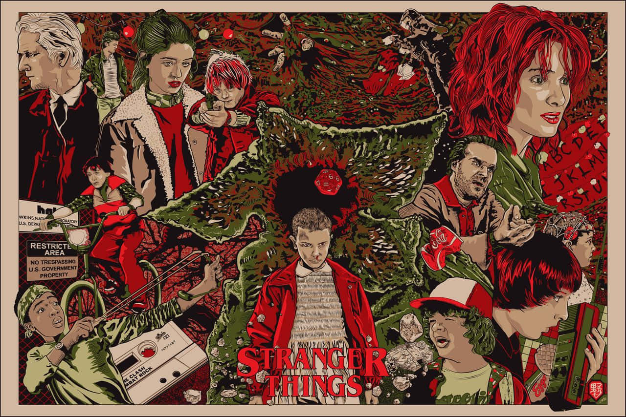 Stranger Things 角色在風格化插圖拼貼中，以紅色和綠色色調呈現。