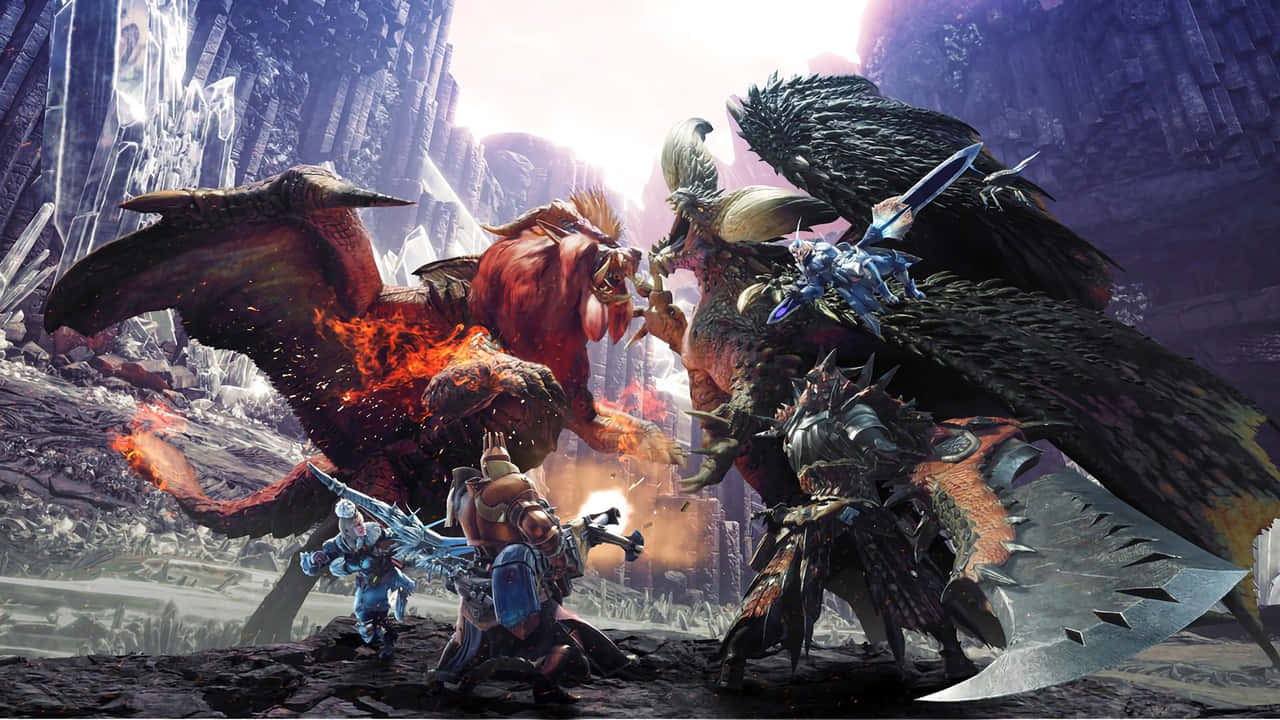加入《怪物獵人：世界》的戰鬥行列！ 壁紙 — 怪物與獵人在發光的天空下，於水晶廢墟中展開一場激烈的戰鬥。