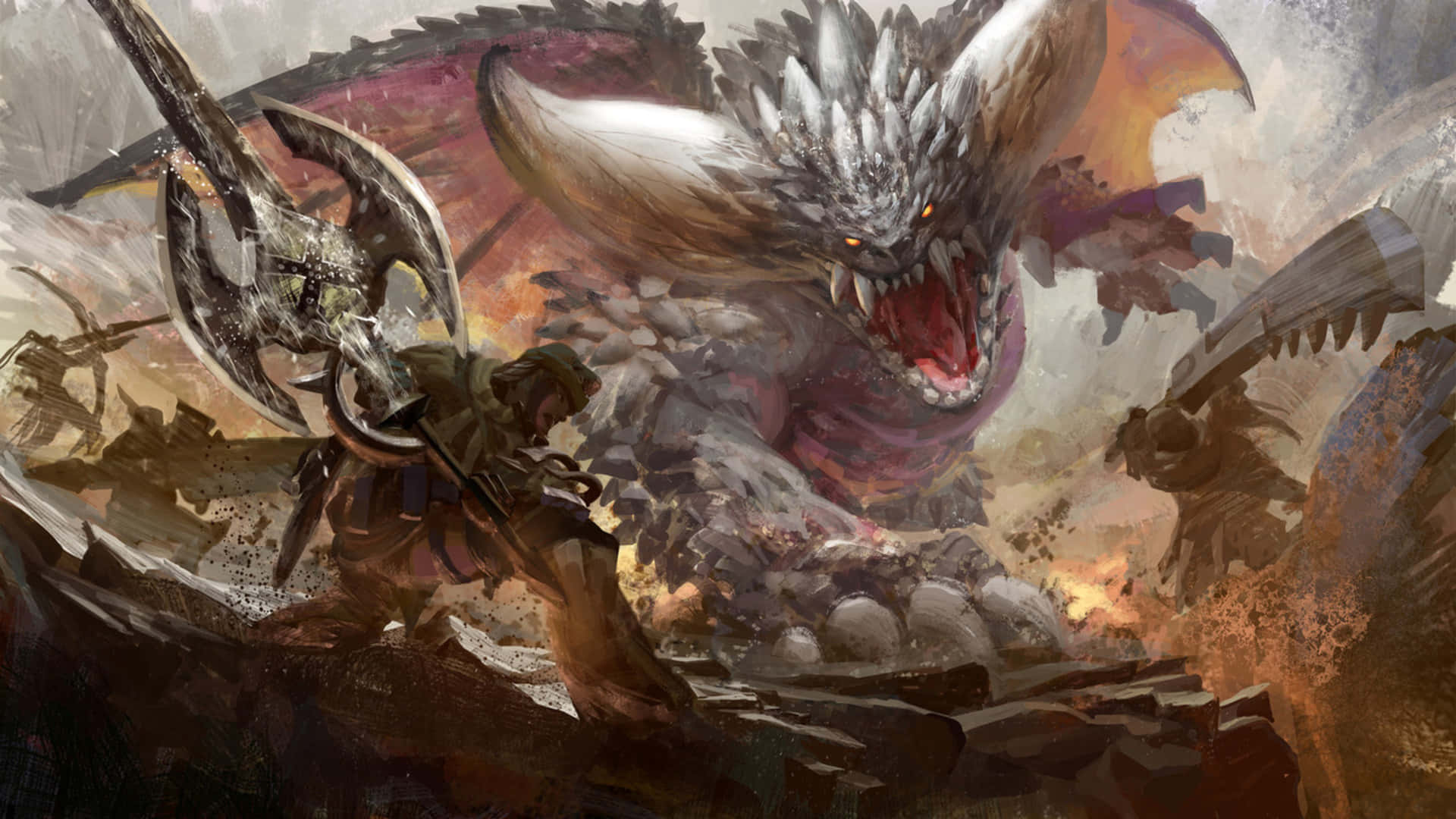 加入《怪物獵人：世界》的狩獵行列 壁紙 — 一位手持巨斧的戰士，在碎石與煙霧瀰漫的破碎戰場上，面對一隻咆哮的尖刺巨龍。