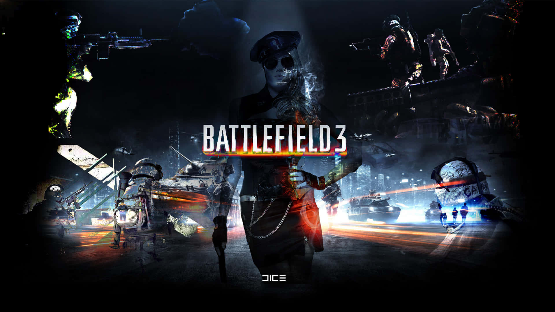 Battlefield 3 遊戲封面，以黑暗電影風格呈現士兵、坦克和爆炸。