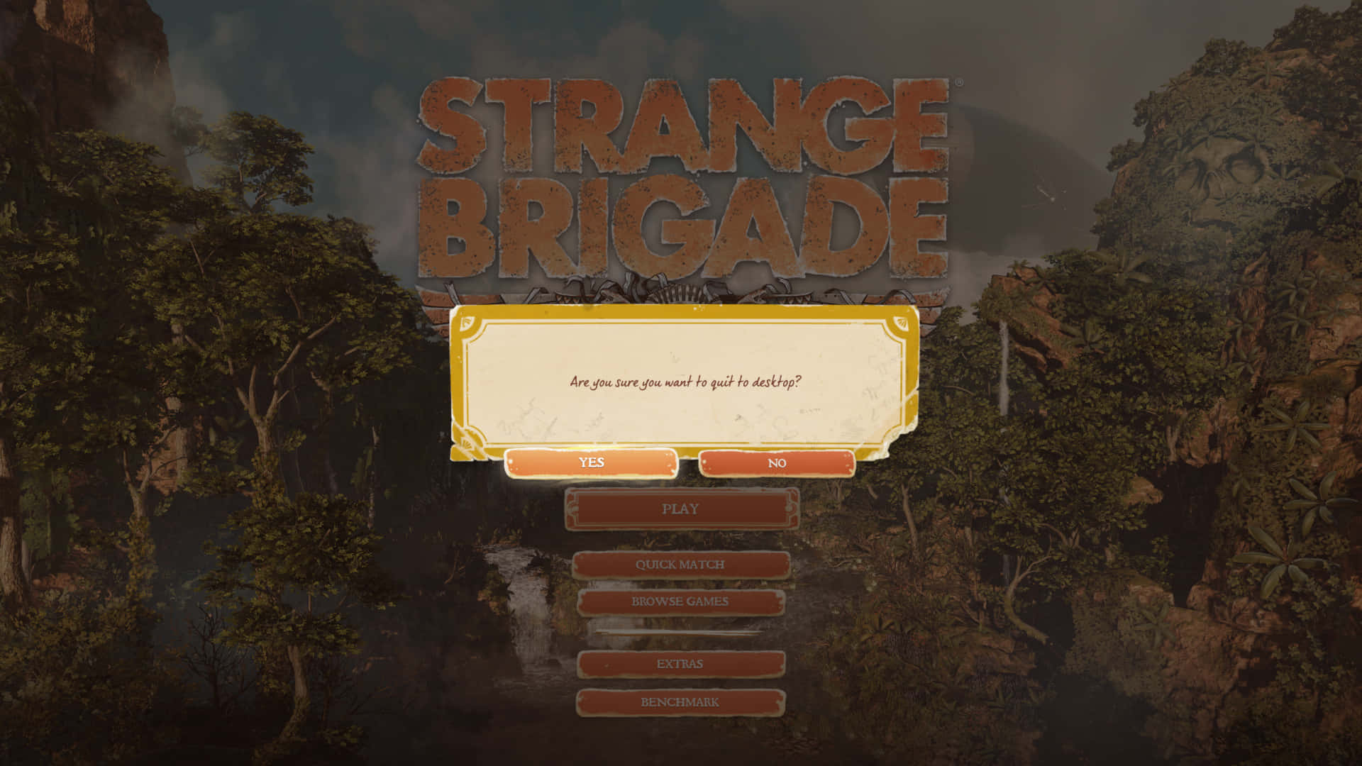 Strange Brigade 在叢林環境中的遊戲選單，附有是/否選項。