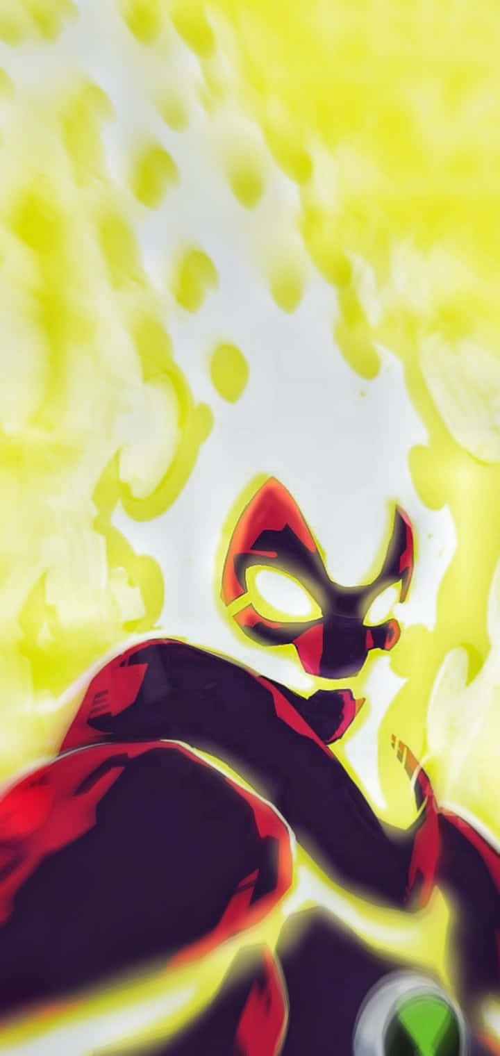 加入Ben 10的跨銀河冒險 壁紙 — 一個風格化的紅色和黑色蒙面超級英雄從白色背景上充滿活力的黃色能量爆發中出現。