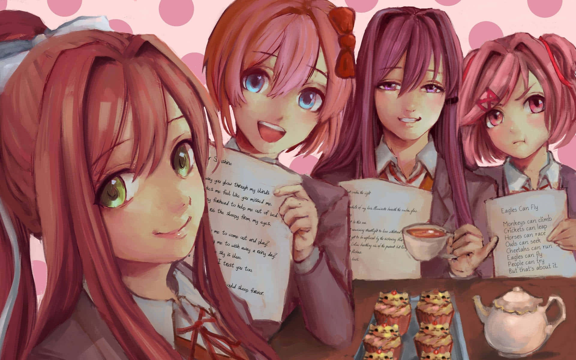 四個粉紅色頭髮的動漫女孩享受茶和紙杯蛋糕，同時閱讀手寫筆記。