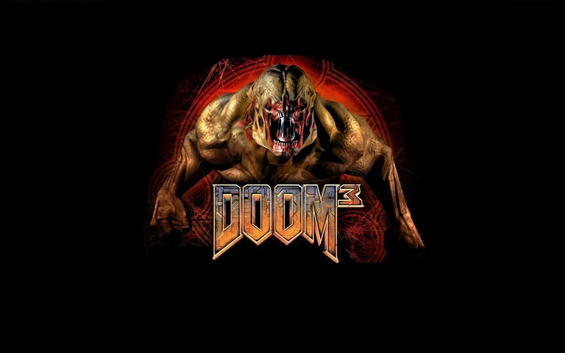 Doom 3標誌，後面有一個惡魔怪物