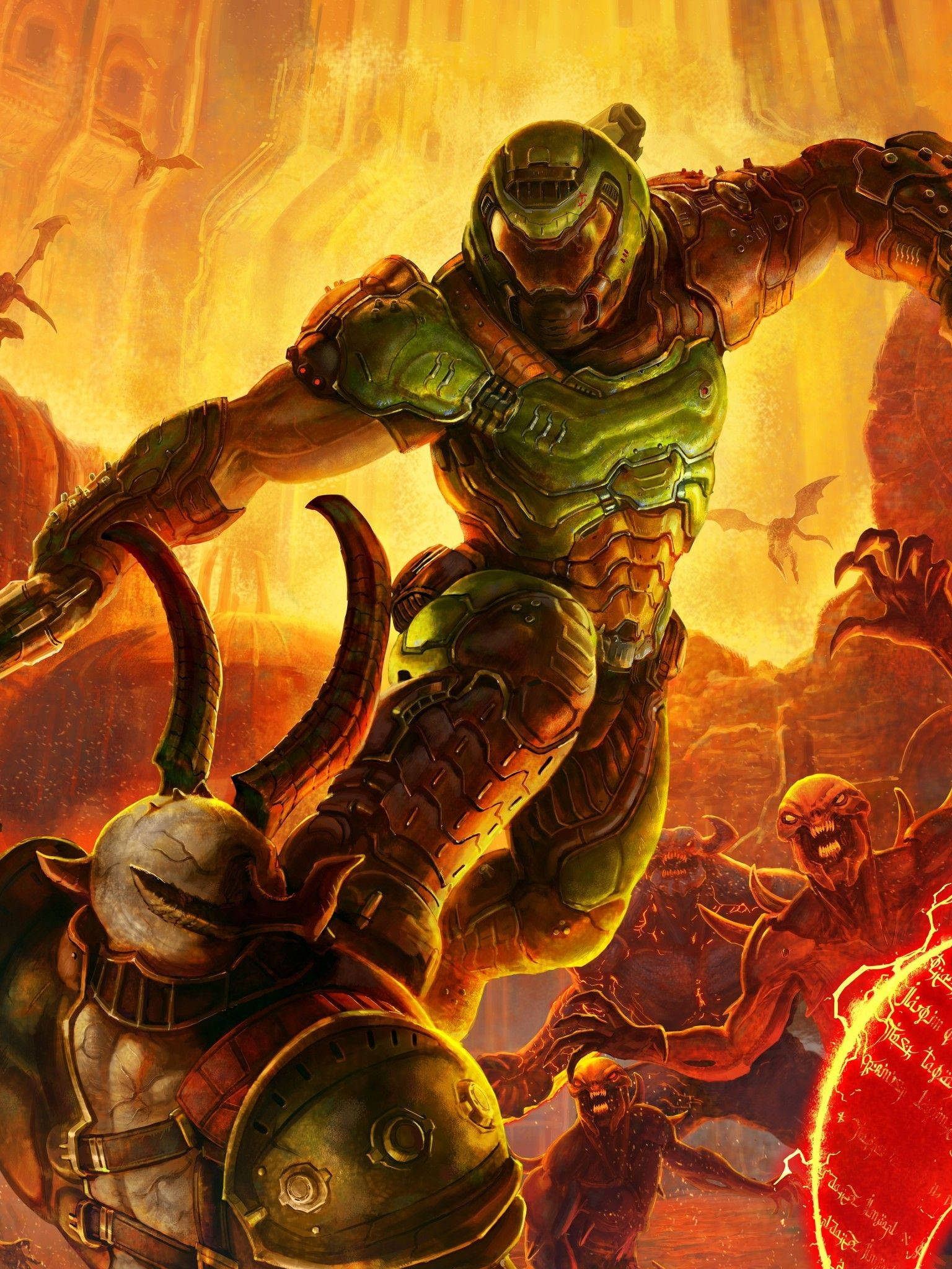 加入DOOM Slayer的戰鬥，體驗《DOOM 永恆》 壁紙 — 一名身穿綠色盔甲的戰士跳過一隻有角的惡魔，背景是熾熱的地獄景觀，天空泛著橙色光芒，蝙蝠飛舞。