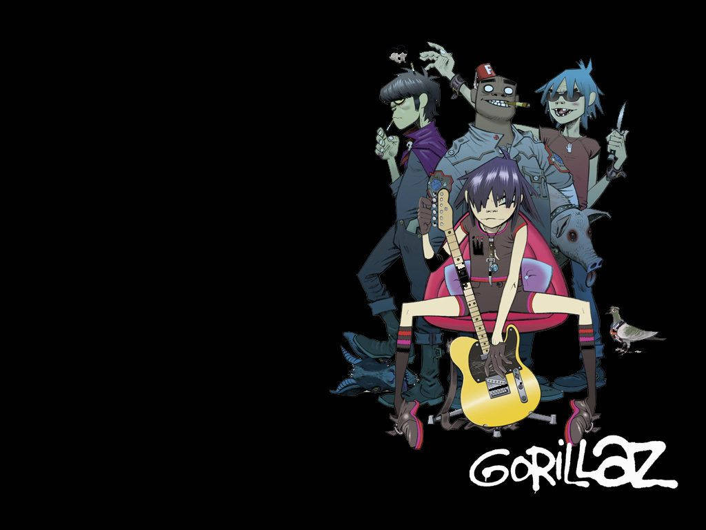 加入Gorillaz部落！ 壁紙 — 四個風格化的動畫樂隊成員，手持結他和武器，站在黑色背景前，附近有一隻鴿子。