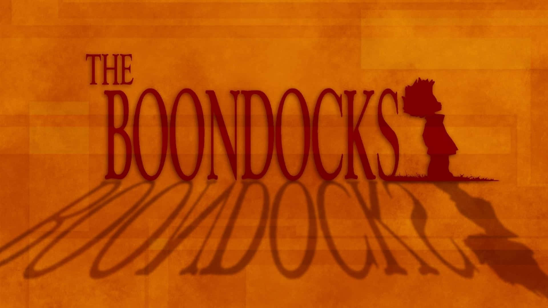 加入Huey、Riley與Grandpa Freemont在The Boondocks的冒險！ 壁紙 — 《The Boondocks》的風格化標題卡，兒童剪影站在文字旁邊，在紋理橙色背景上投下長長的陰影。