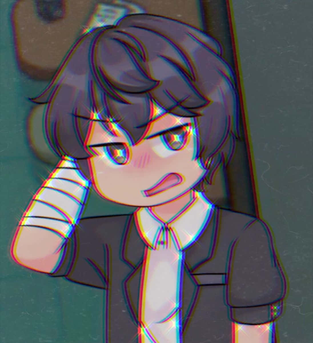 動漫男孩穿著校服，在故障效果下帶著憤怒的表情