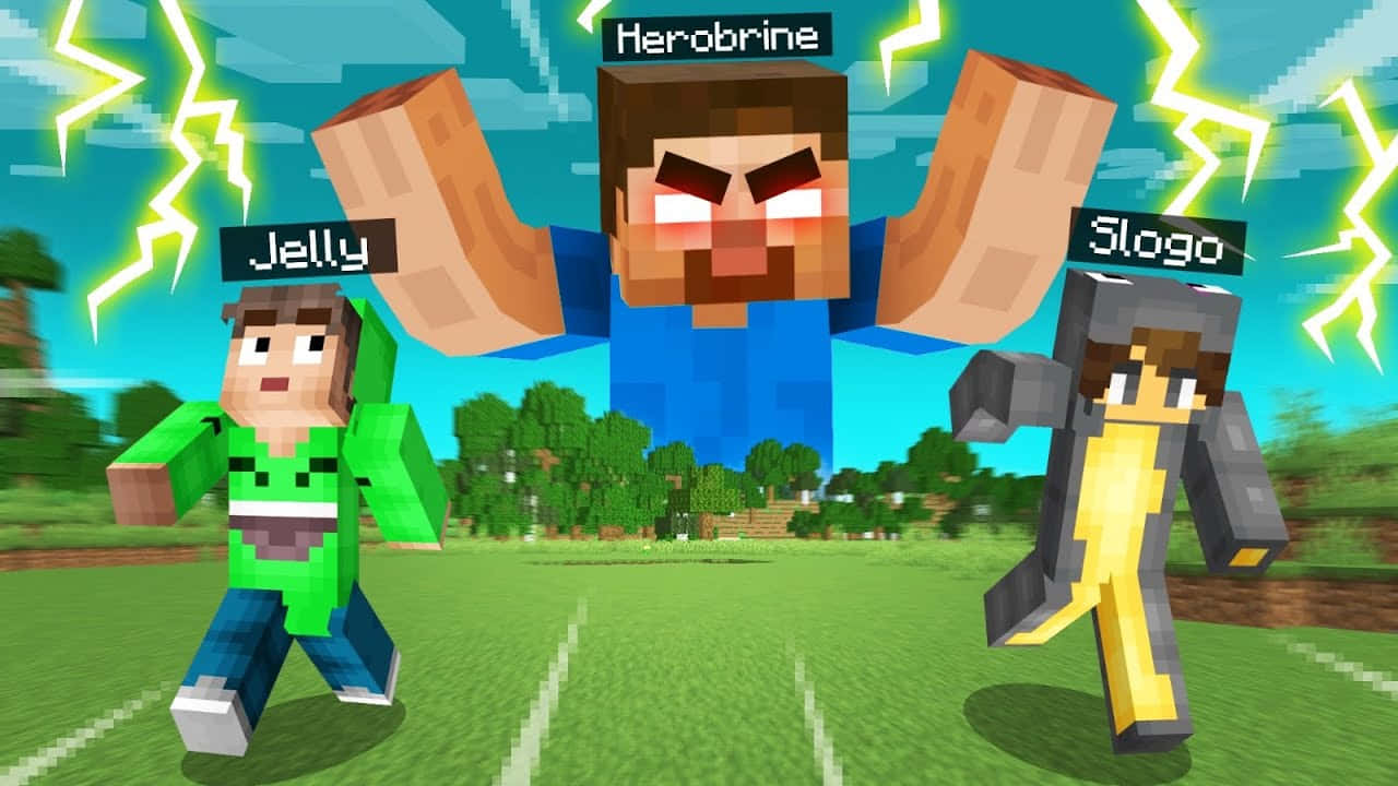 三個Minecraft角色喺有閃電嘅天空下嘅草地上奔跑。