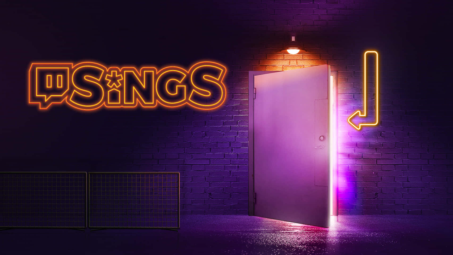 在昏暗的城市空間中，一個寫著「SINGS」的霓虹燈牌旁邊有一道打開的門和一個向下的箭頭。
