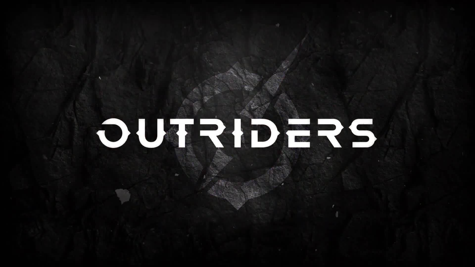 深色裂紋背景上的粗體白色「OUTRIDERS」文字。