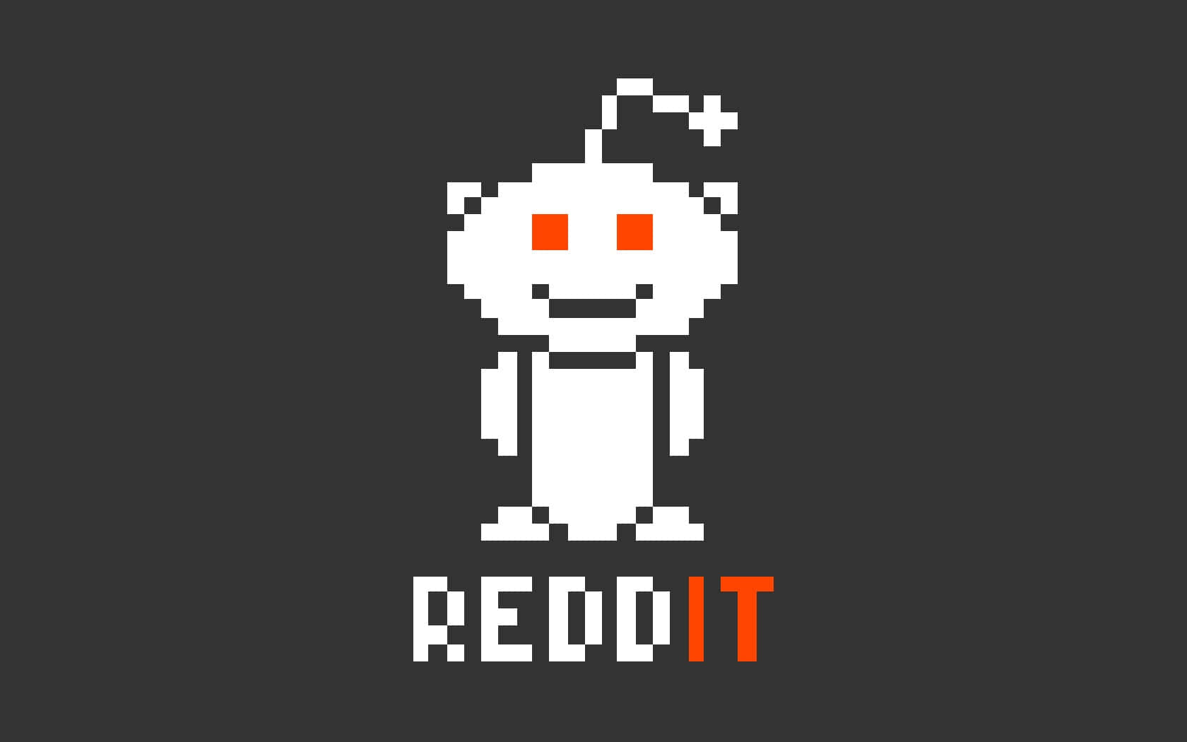 加入Reddit，成為全球社群的一份子 壁紙 — 一個像素化的白色外星人吉祥物，有橙色眼睛和天線，站在深灰色背景上，下方有'REDDIT'字樣。