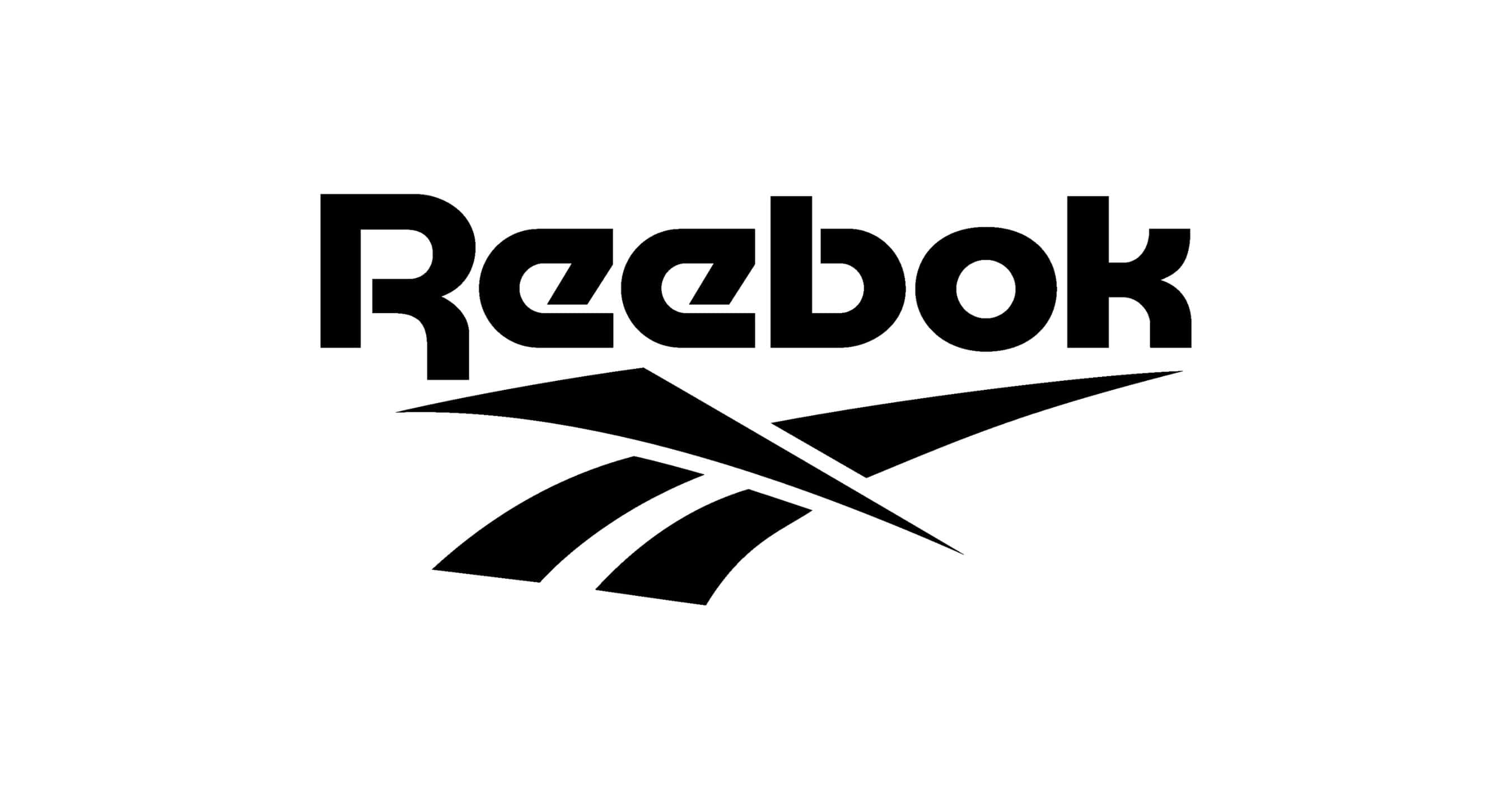 加入Reebok的現代健身生活 壁紙 — 大膽的黑色 Reebok 標誌，帶有標誌性向量剔號，背景為純白色。