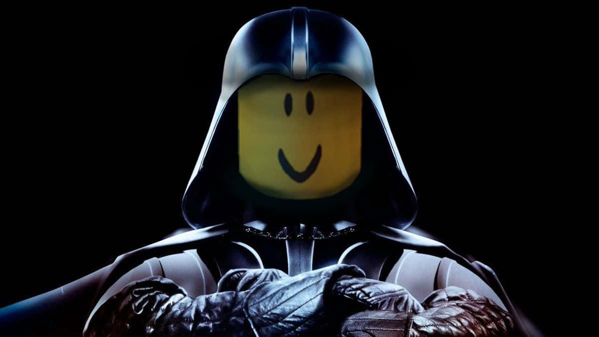 加入Roblox社群，成為新手 壁紙 — 一個 LEGO Darth Vader 戴著開心的笑臉面具，身穿黑色盔甲，站在黑色背景前。