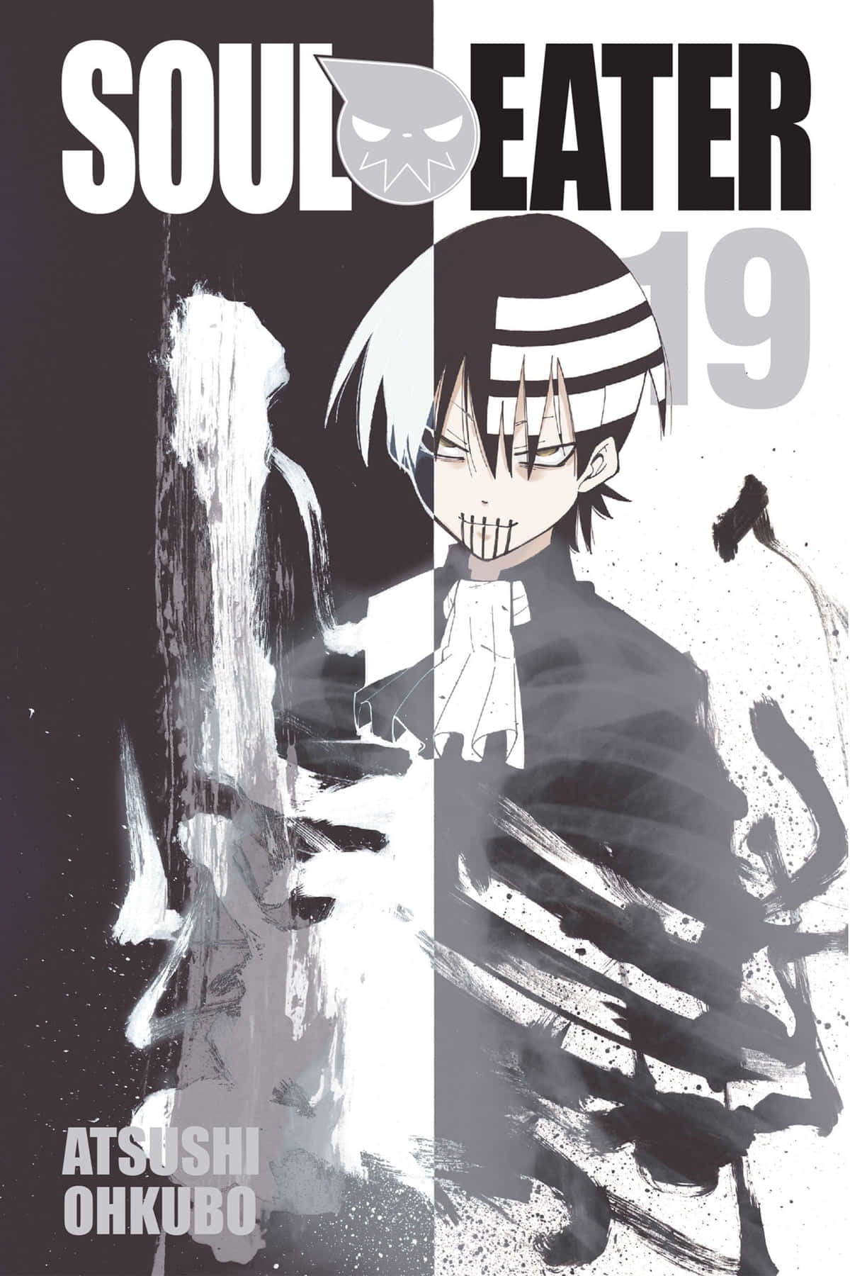 加入Soul Eater，擊退邪惡 壁紙 — 黑白漫畫封面，一個年輕動漫角色戴著條紋頭帶，露出牙齒的笑容，背景明顯分為兩半。