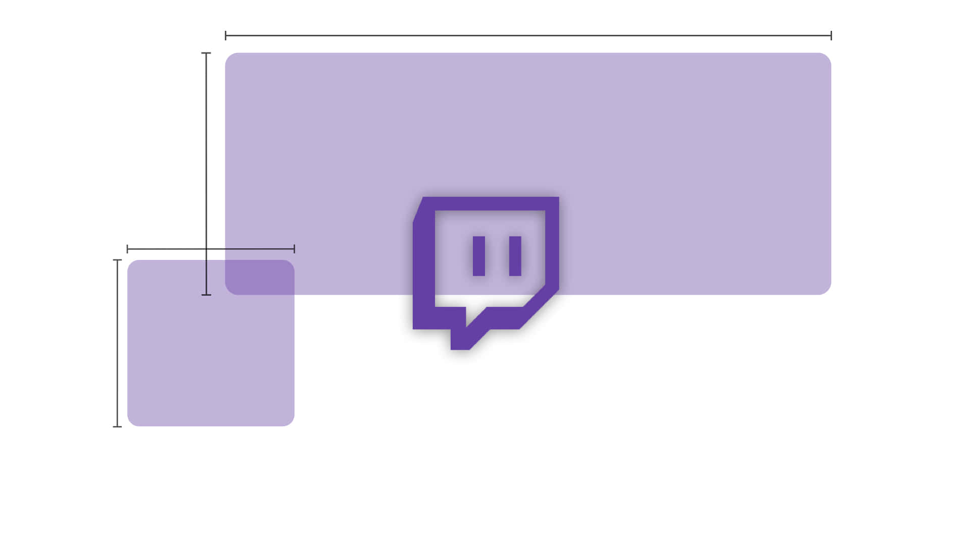 Twitch 標誌帶有紫色對話氣泡設計，位於薰衣草色形狀上，帶有尺寸線。