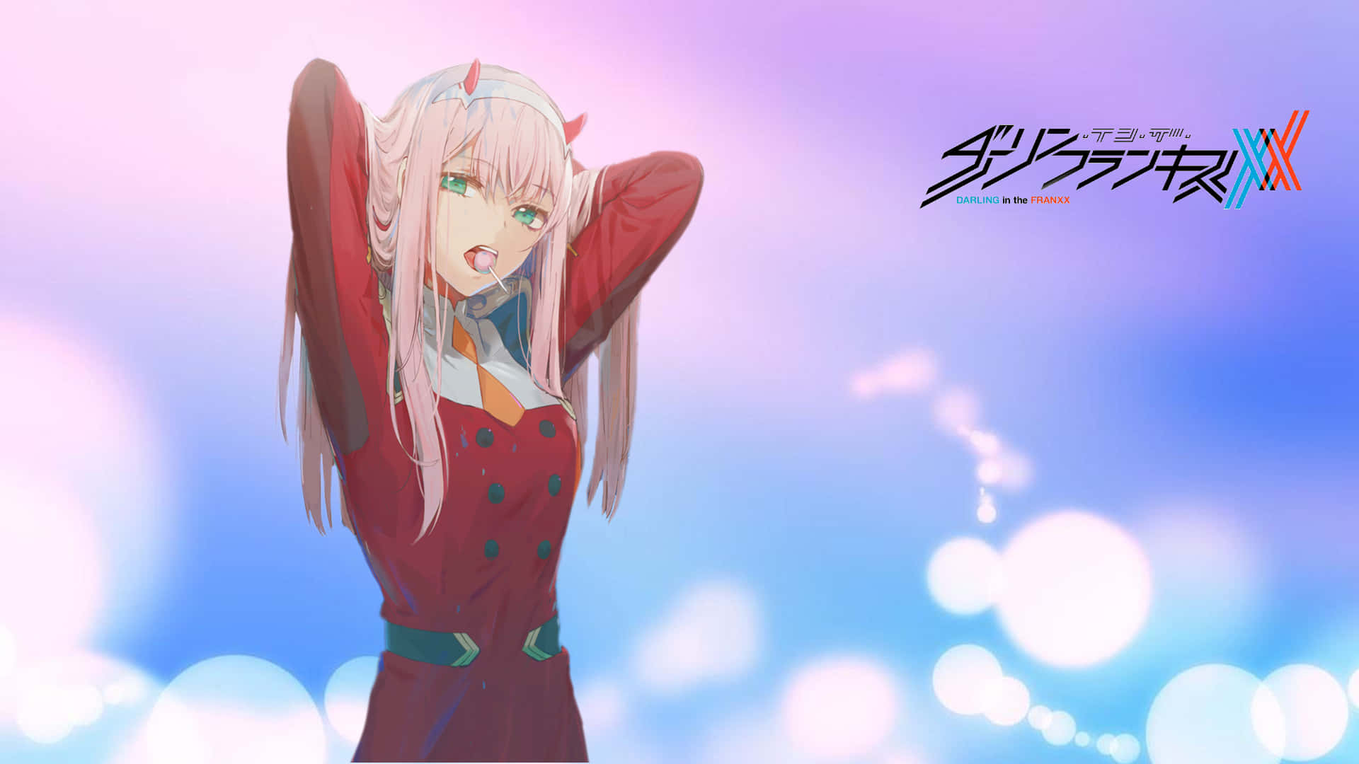 加入Zero Two、Hiro與Darlings的FranXX冒險 壁紙 — 一位粉紅色頭髮的動漫女孩穿著紅色外套，在柔和的漸變粉彩天空和散景燈光下愉快地伸展身體。