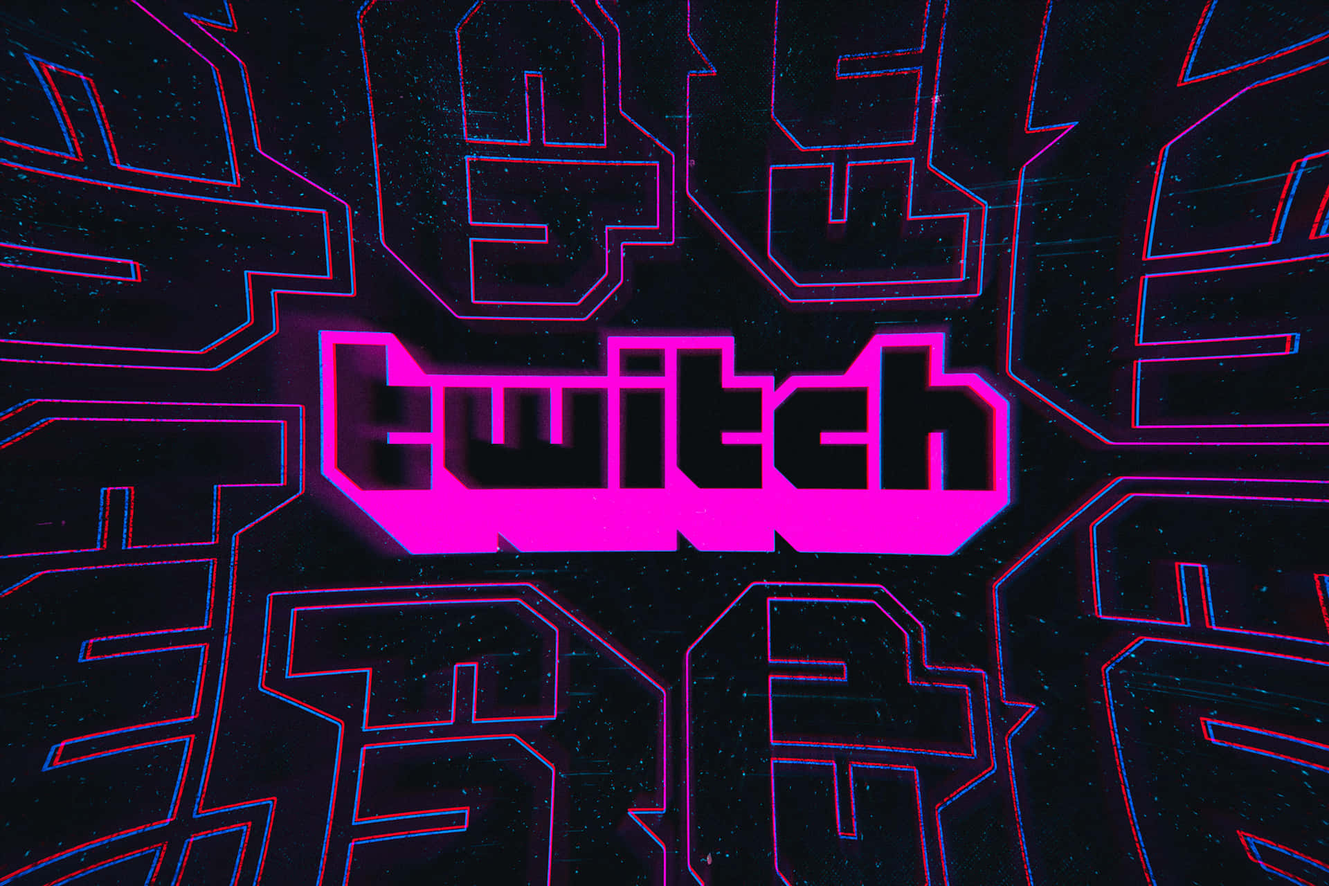 在黑暗星空背景下，帶有抽象形狀的發光粉紅色霓虹燈 Twitch 標誌。
