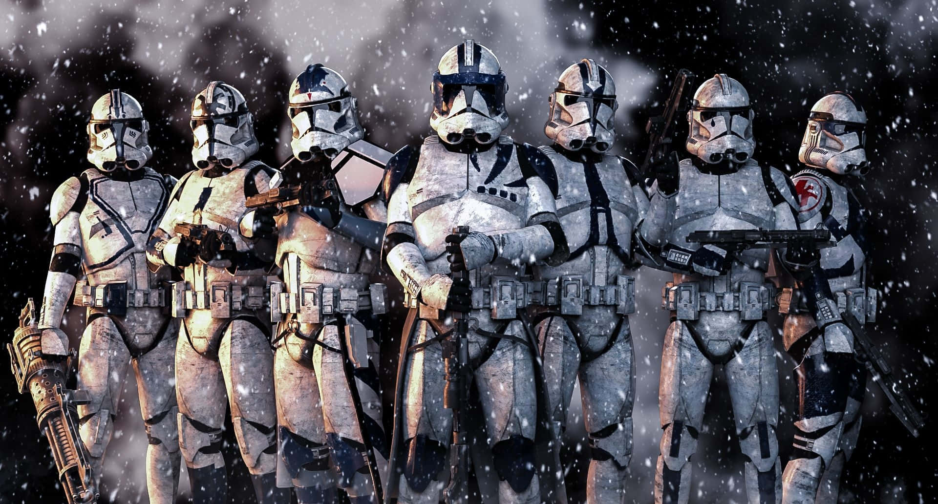 身穿白色盔甲的複製人軍團在黑暗天空下的雪地戰場上站立。