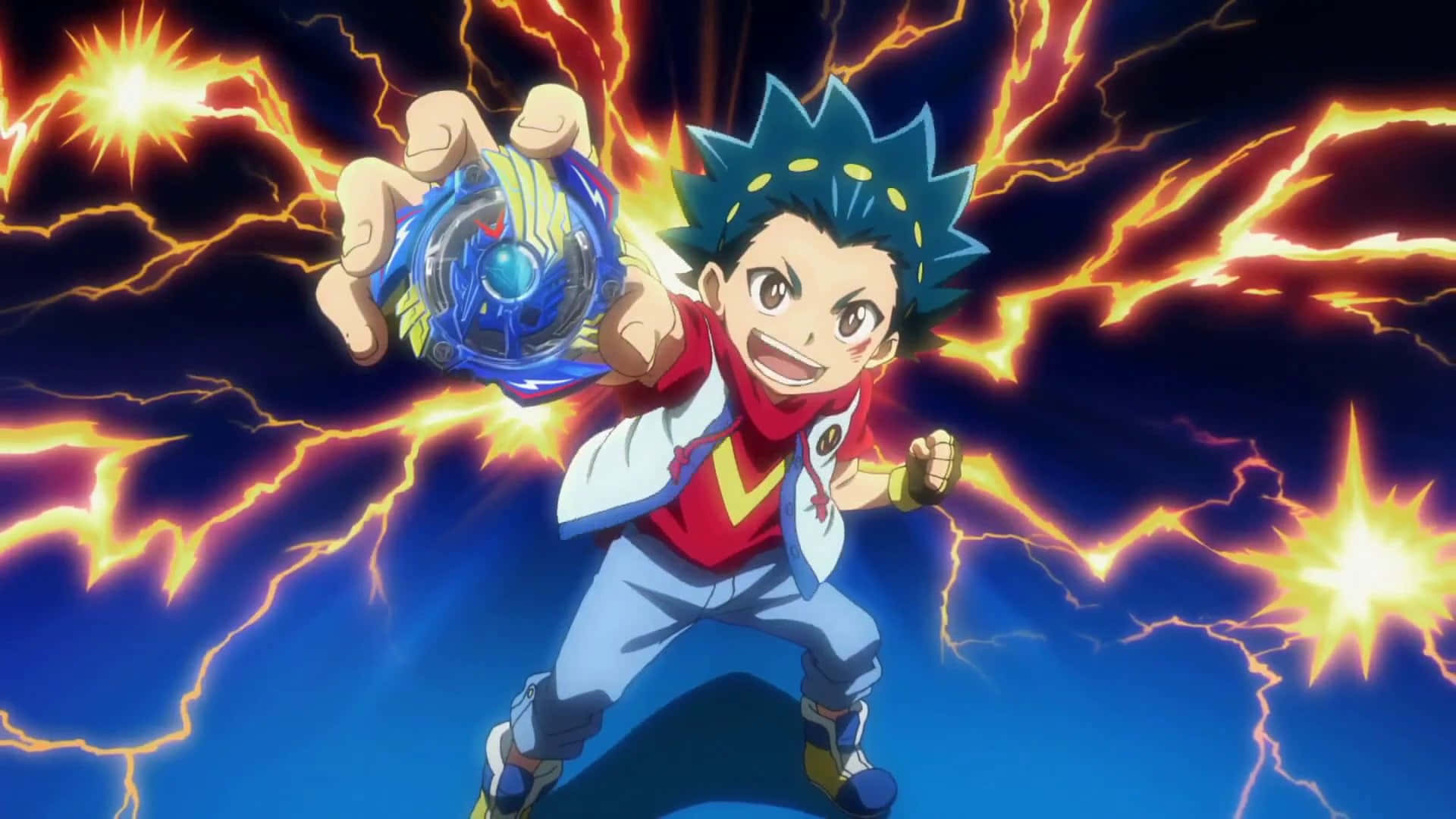 動畫男孩在背景有電閃雷鳴的情況下發射Beyblade。