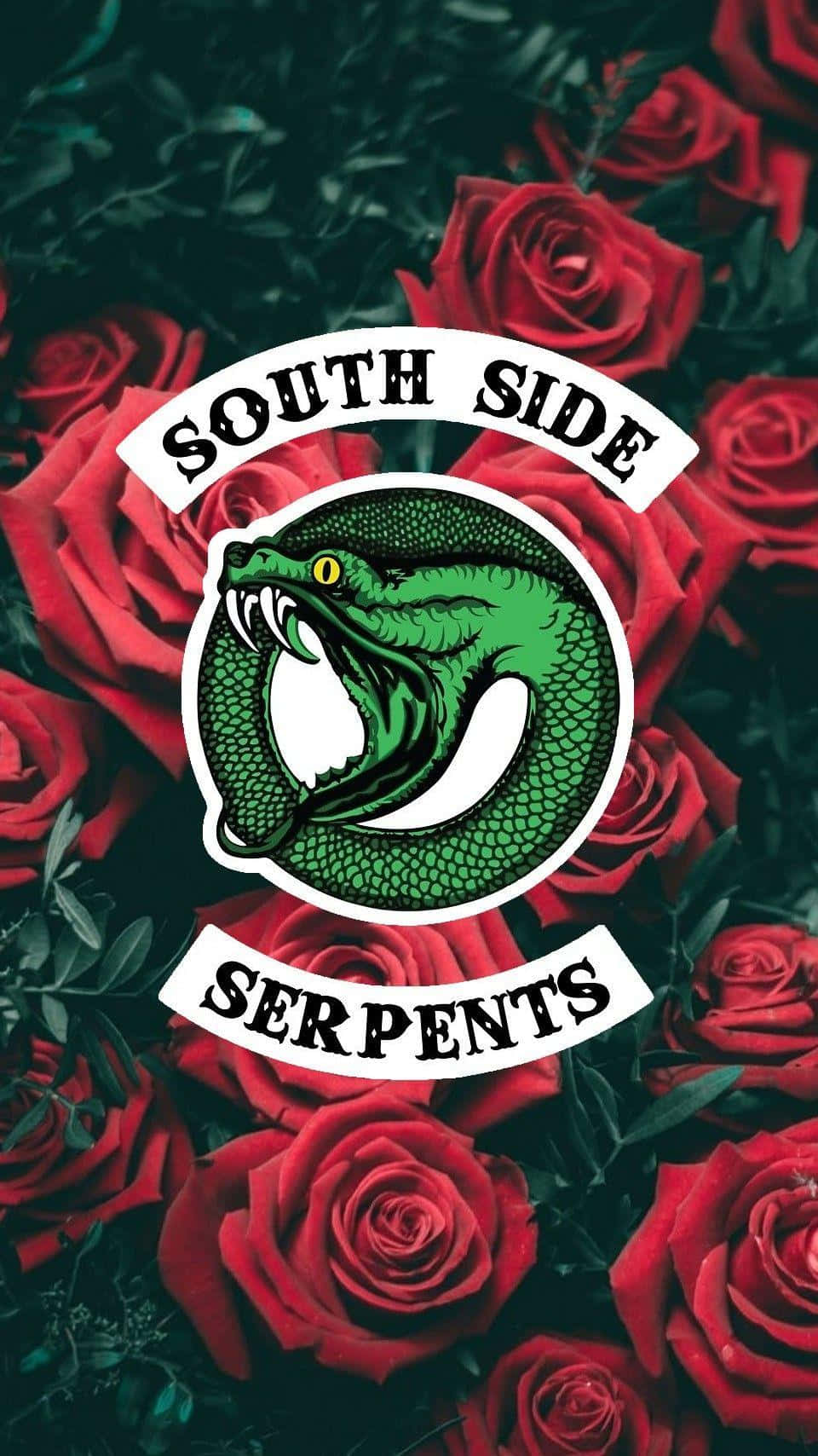 綠色蛇標誌，帶有 South Side Serpents 文字，背景為紅玫瑰。