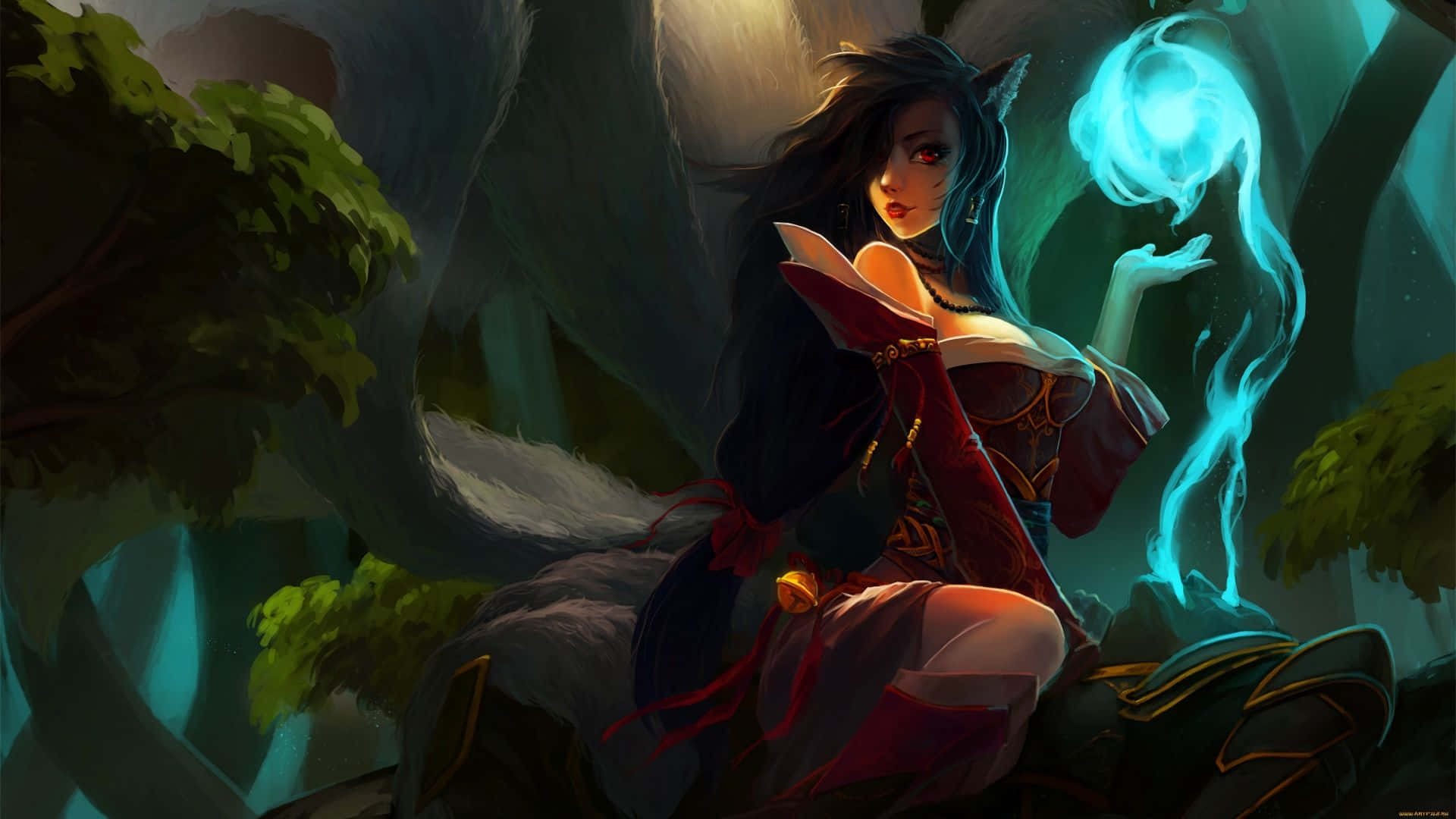 加入團隊：體驗最佳英雄聯盟 壁紙 — 一位深色頭髮、眼睛發出紅光的精靈女性坐在神秘的森林中，召喚著一個旋轉的藍色魔法球。