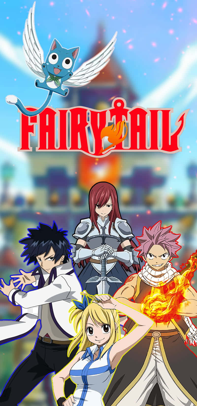加入妖精的尾巴公會，展開魔法冒險！ 壁紙 — 妖精尾巴動畫角色在魔法天空下英勇擺姿勢，標題上方有一隻飛貓吉祥物。