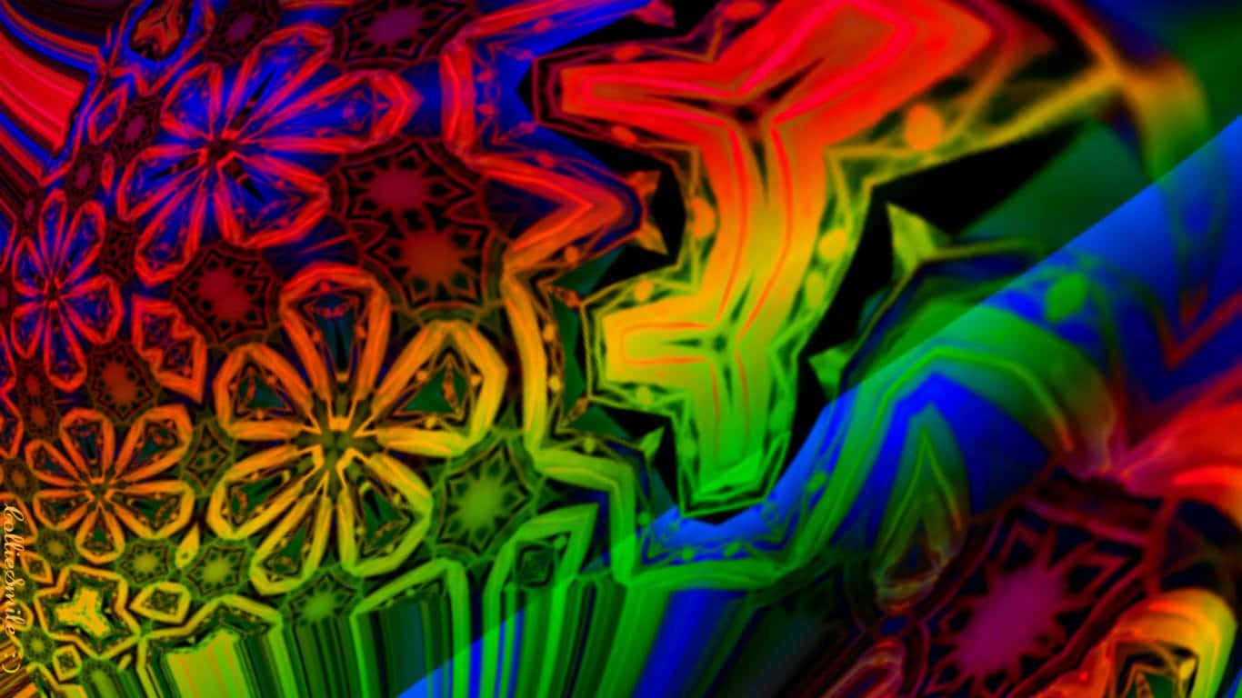 加入嬉皮運動，尋找內在平靜！ 壁紙 — 鮮豔的迷幻分形圖案在黑暗背景上以霓虹紅、綠和藍色旋轉。