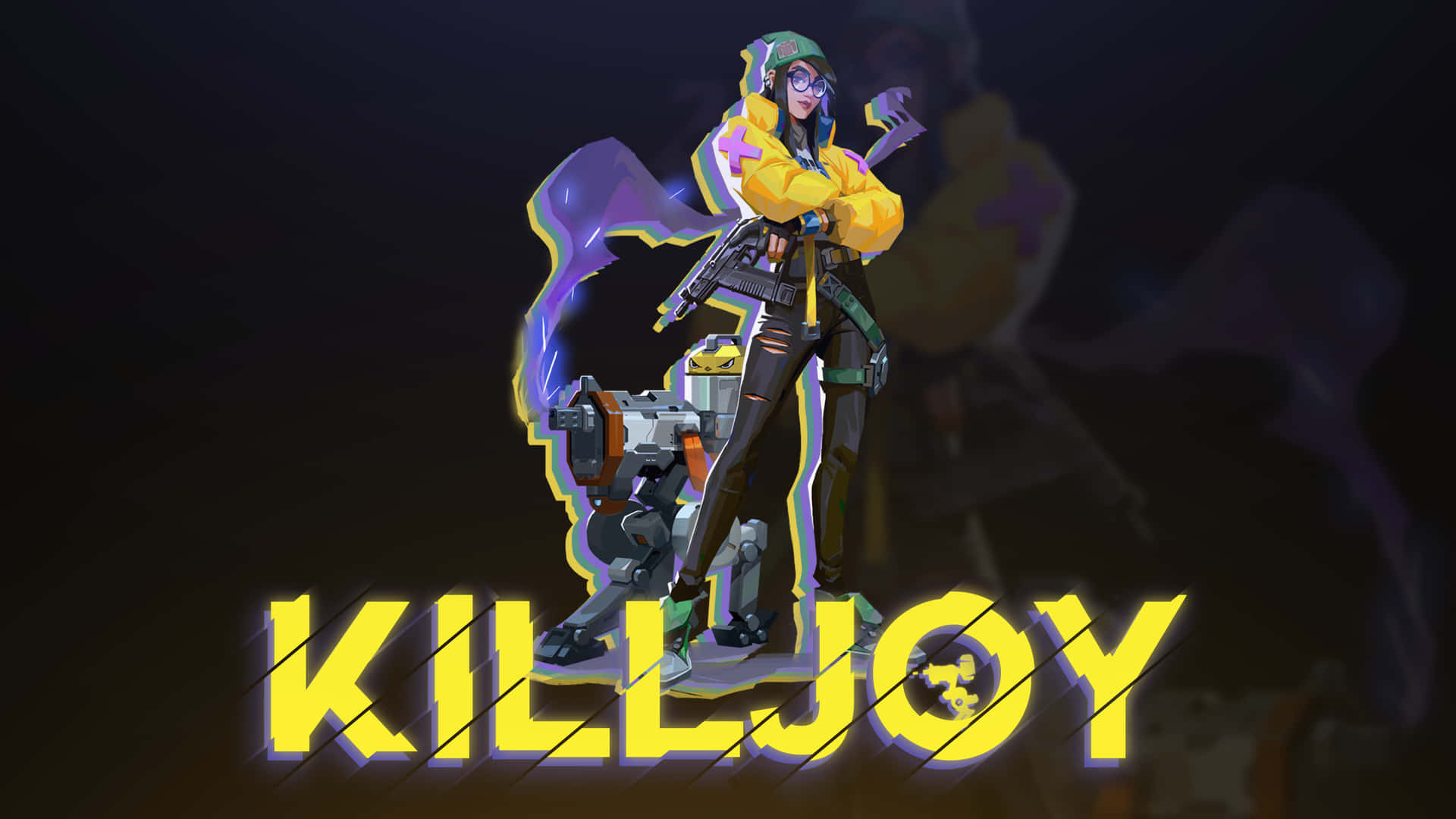 遊戲角色Killjoy與機械人同伴，身穿螢光黃色服裝。