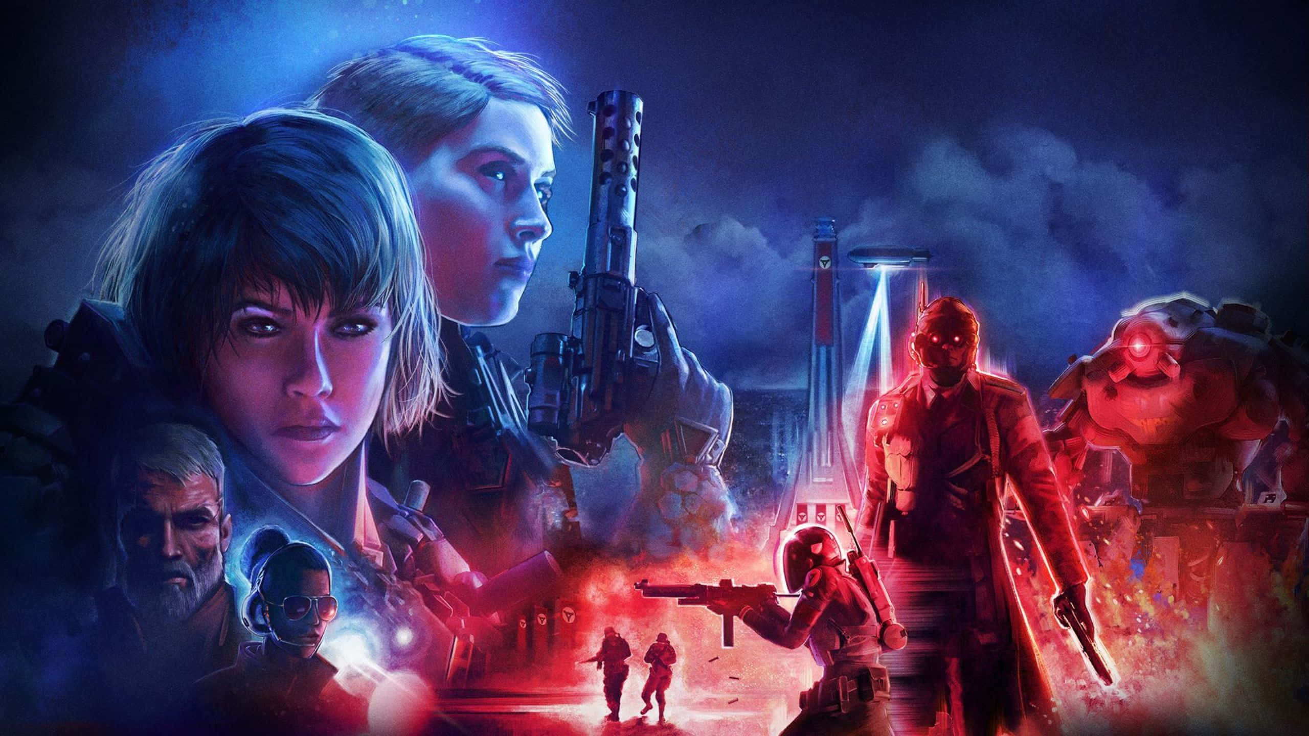 加入對抗納粹勢力的戰鬥，《Wolfenstein II》 壁紙 — 一個戲劇性的科幻場景，武裝角色在黑暗天空下的霓虹燈城市戰場中。