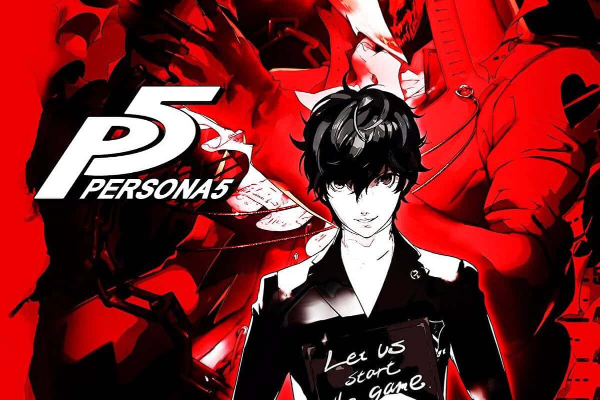 加入幻影盜賊團，拯救人類 壁紙 — Persona 5 的大膽動漫風格海報，中央角色身穿黑色西裝，在鮮紅色背景上舉著標牌，周圍有陰影人物。