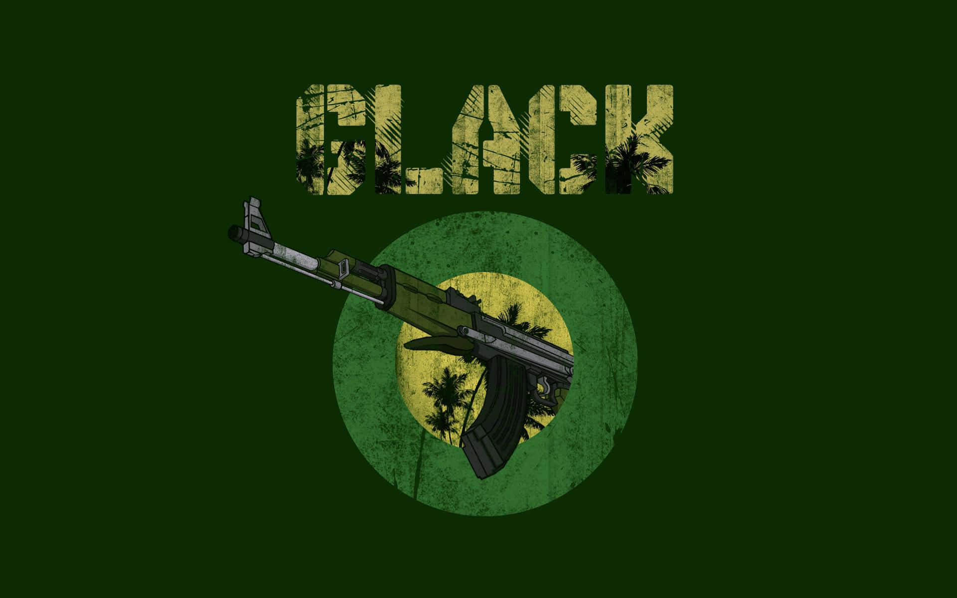 圖形設計，AK-47步槍位於棕櫚樹徽章上方，帶有「BLACK」字樣。