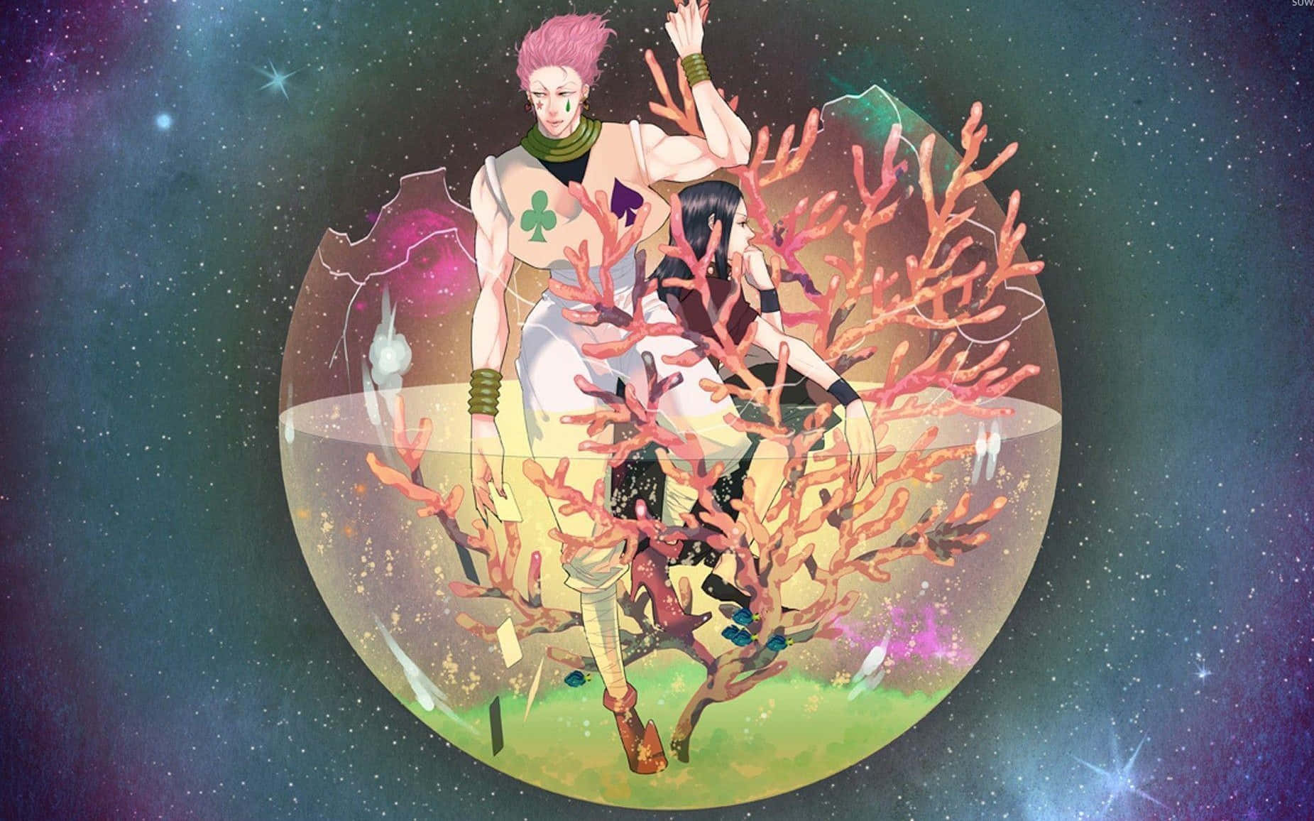 兩個動漫人物在一個充滿發光珊瑚的球體內，背景是星空。