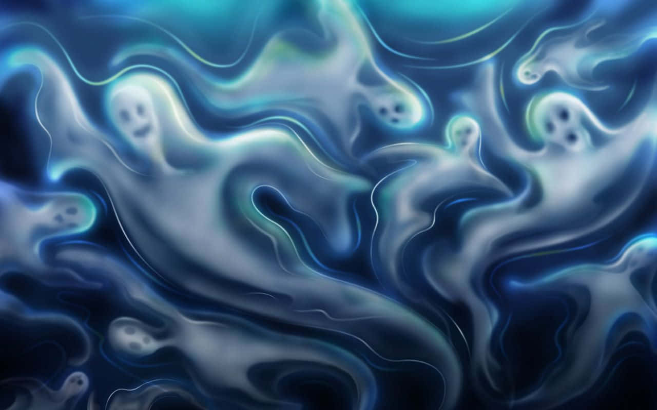 超現實的數碼鬼魂漂浮在發光的藍色和青色液態漩渦中。