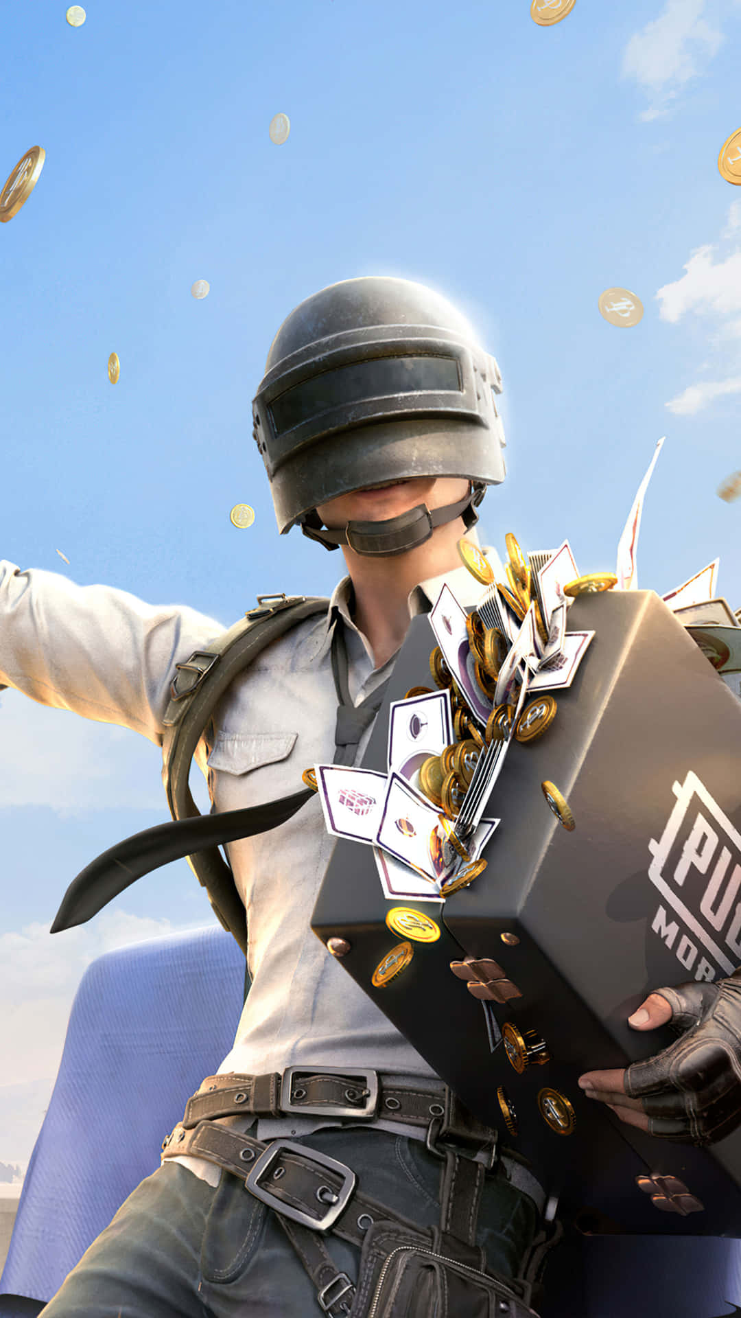戴頭盔的玩家慶祝勝利，硬幣和卡片從PUBG盒子中飛出。