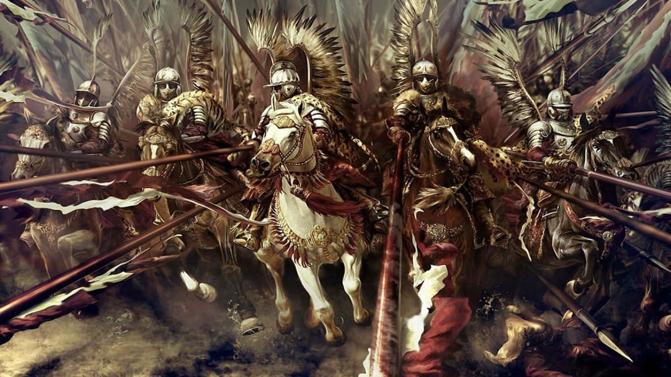 中世紀騎士騎著披甲戰馬在血腥戰鬥中衝鋒。