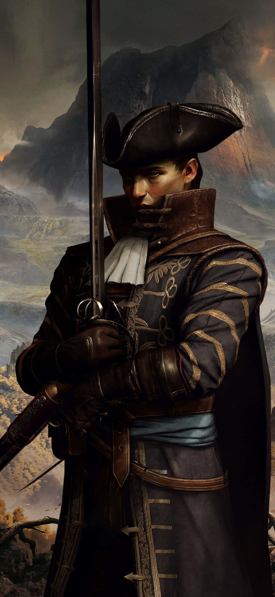 加入戰鬥，與同伴並肩作戰——《Greedfall》現已登陸 iPhone X 壁紙 — 一位嚴肅的歷史士兵穿著華麗的深色制服，在戲劇性的山脈背景下持劍。