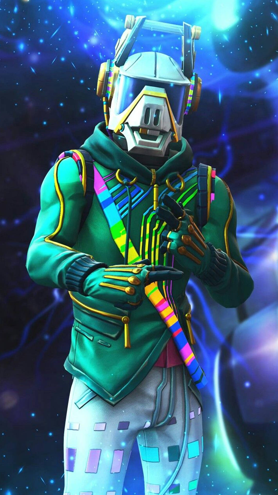 未來角色穿著發光服裝，宇宙背景