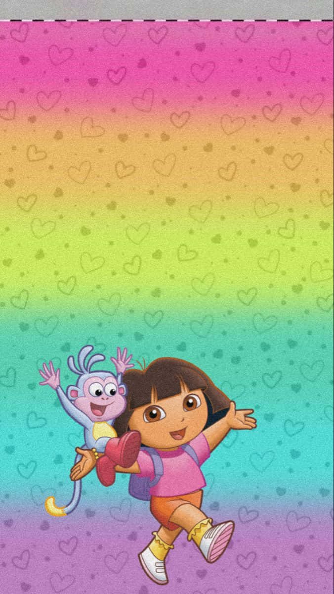 Dora 和 Boots 跳過彩虹，心形在他們周圍漂浮。