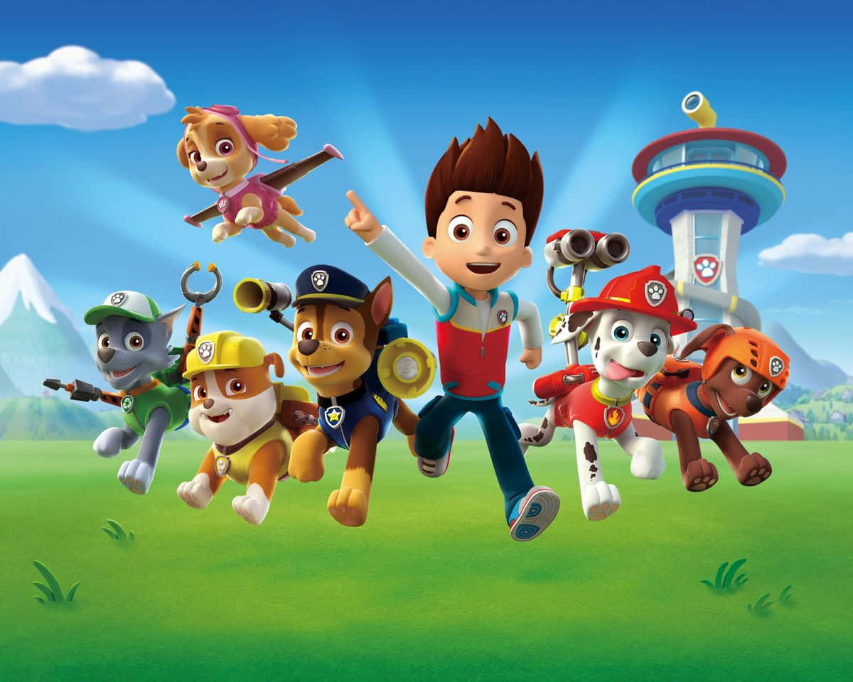 Paw Patrol 角色在陽光明媚的戶外場景中奔跑和飛翔。