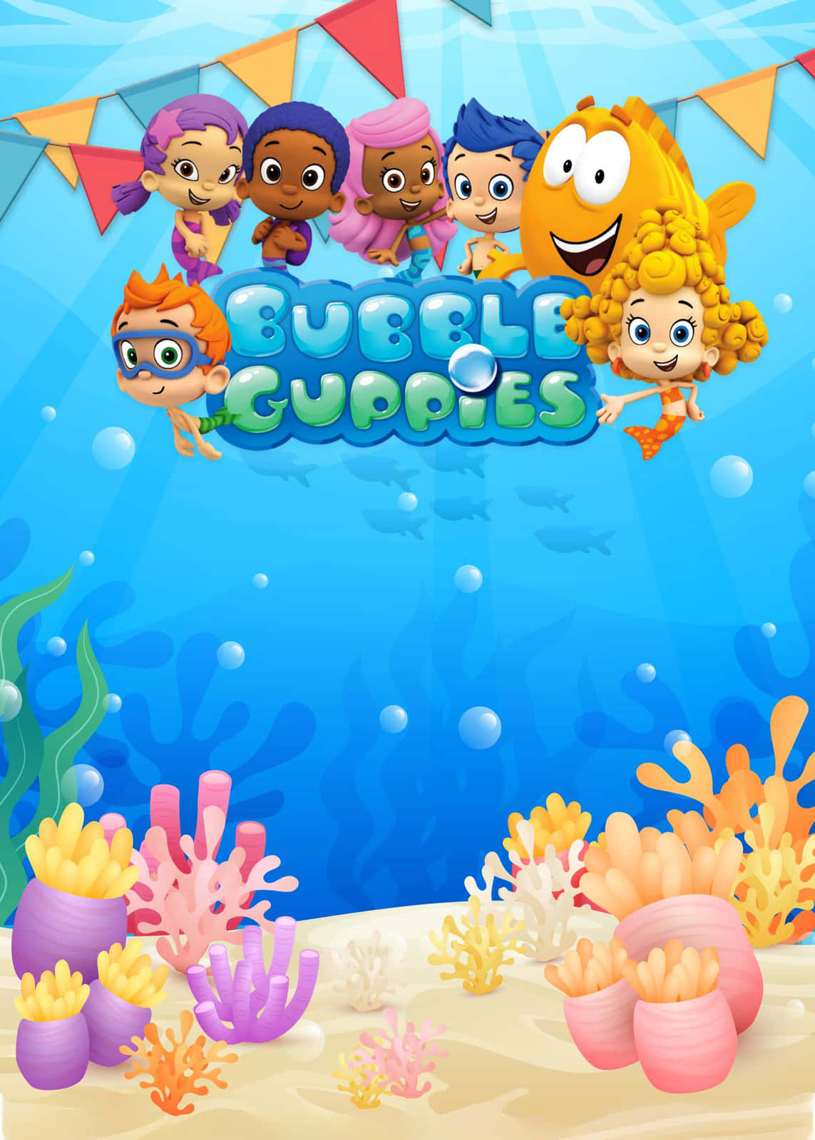 加入泡泡小鯉魚們的水下世界！ 壁紙 — 來自 Bubble Guppies 的彩色卡通角色在充滿活力的珊瑚礁上方快樂地游泳，並有節日旗幟。