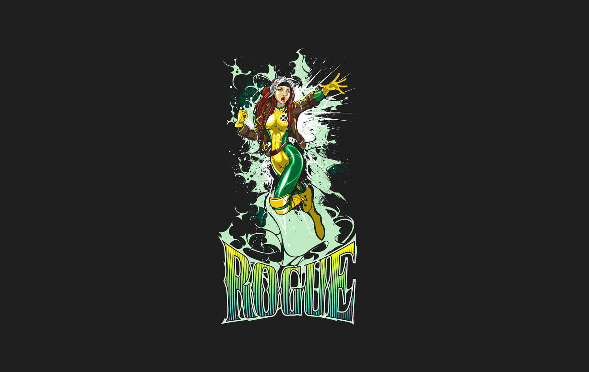 超級英雄 Rogue 身穿黃綠色戰衣衝破能量飛濺。
