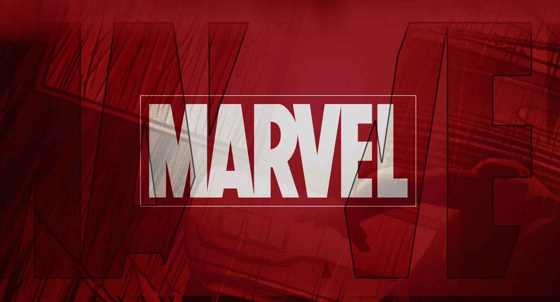 白色Marvel標誌在紅色漫畫風格背景上。
