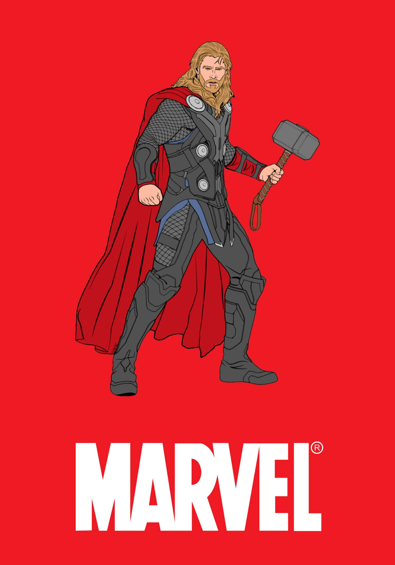 Thor 身穿盔甲手持錘子，紅色背景上有Marvel標誌