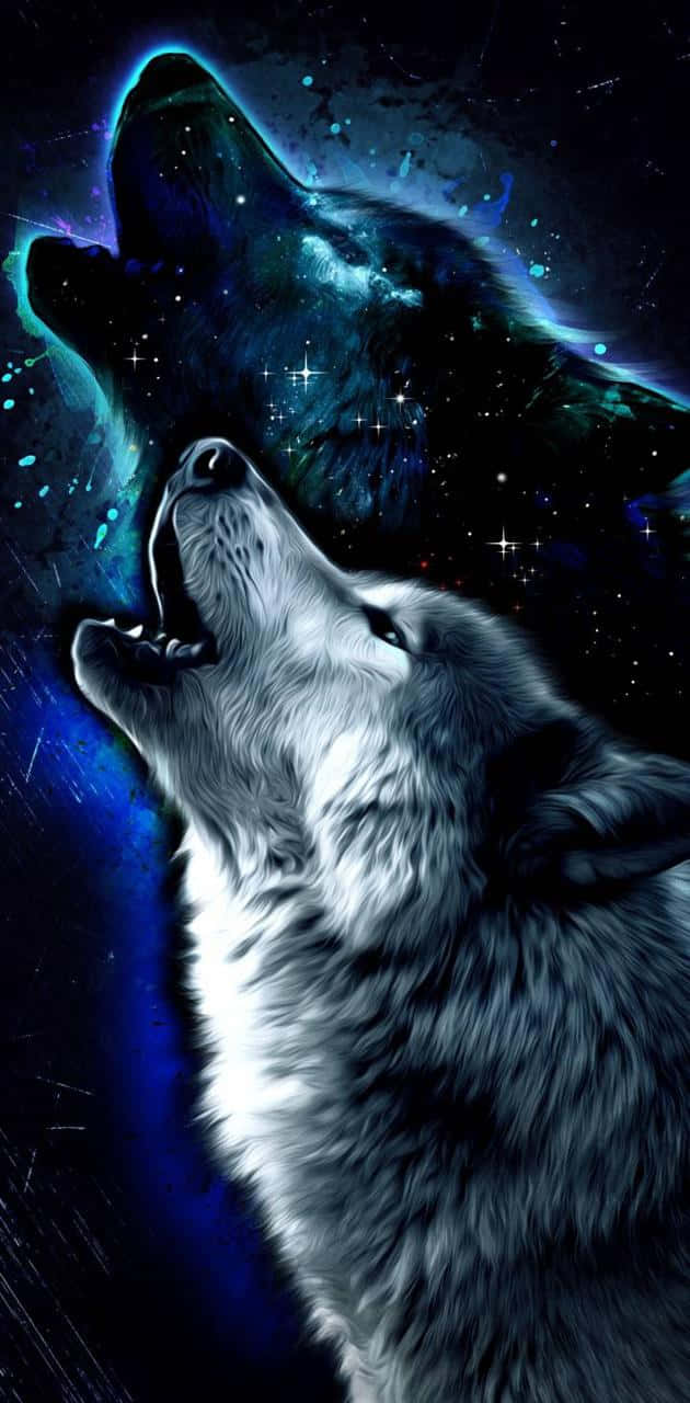 兩隻狼對著佈滿閃爍藍色和紫色星雲的星空宇宙天空嚎叫。